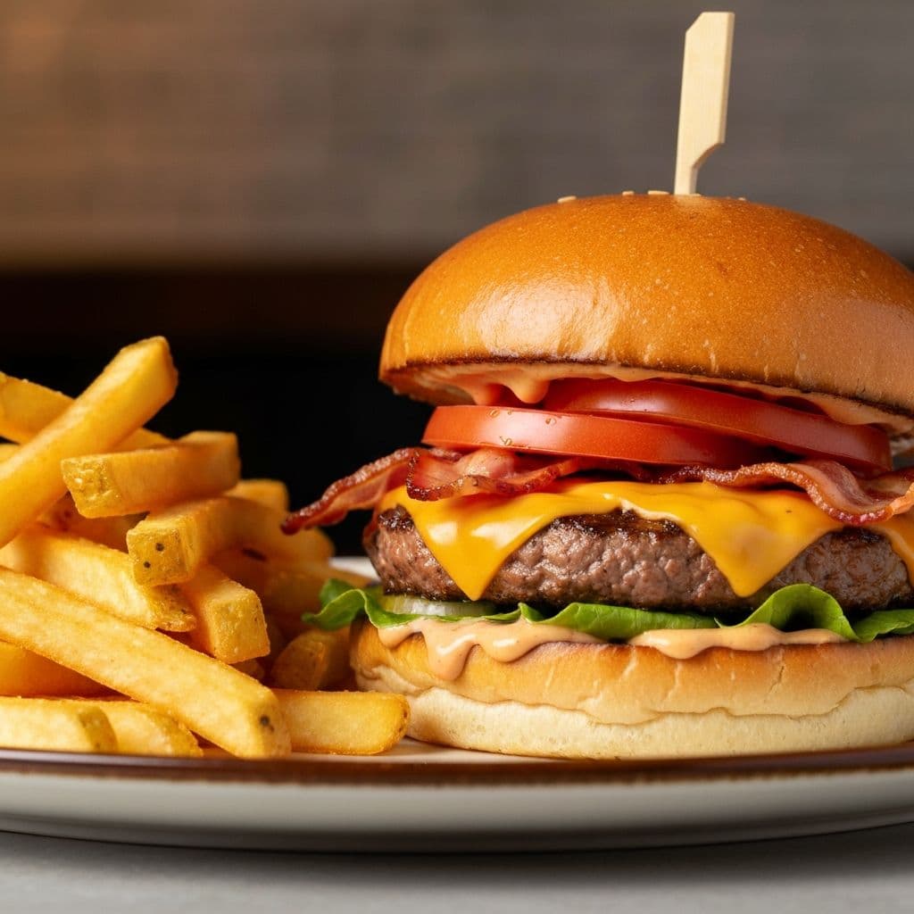Burger and fries illustrating a restaurant’s weekly special